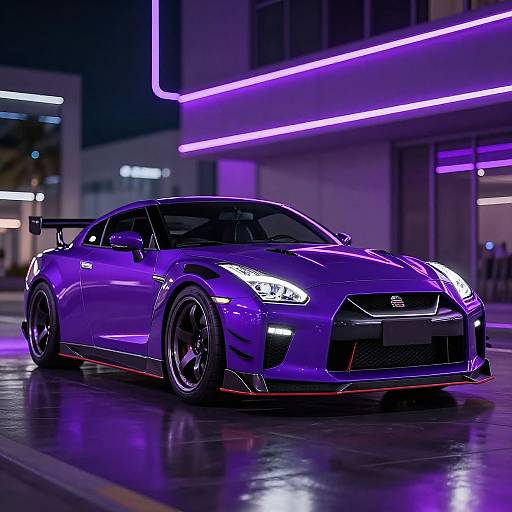 Photograph of a sleek, purple-lit Nissan 370Z sports car with black accents, parked at night on a glossy, reflective street, illuminated