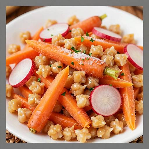 Photograph of a colorful vegetable salad with orange carrots, red radishes, chickpeas, and chopped green herbs, garnished with grated cheese,