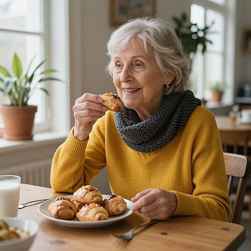 Photograph of an elderly woman with white hair, wearing a yellow sweater and gray scarf, smiling while eating a pastry at a sunlit wooden table.
