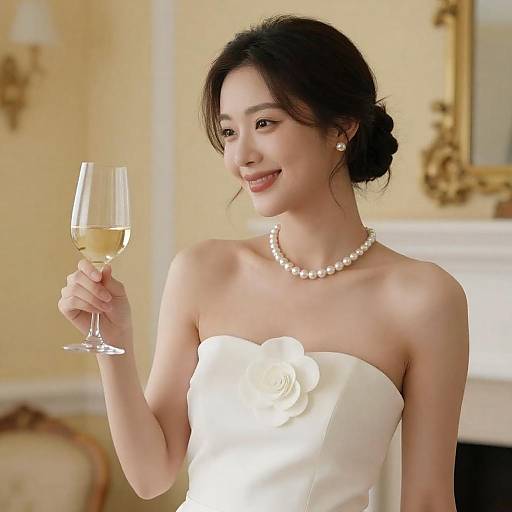 Smiling Woman in Elegant White Dress