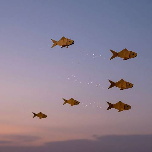 Photograph of five paper fish flying against a twilight sky, with a gradient from pink to blue, and small bubbles trailing behind.