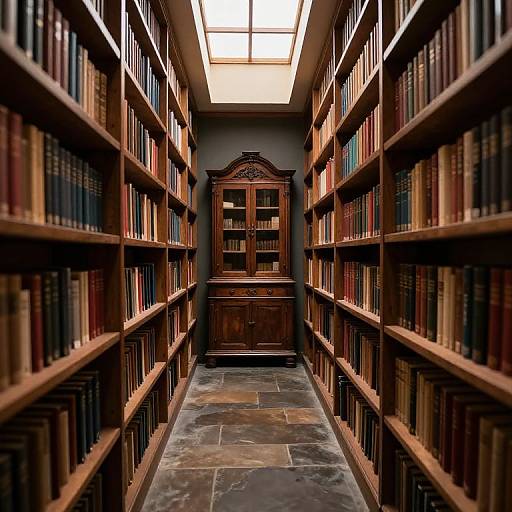Dimly Lit Corridor with Bookshelves