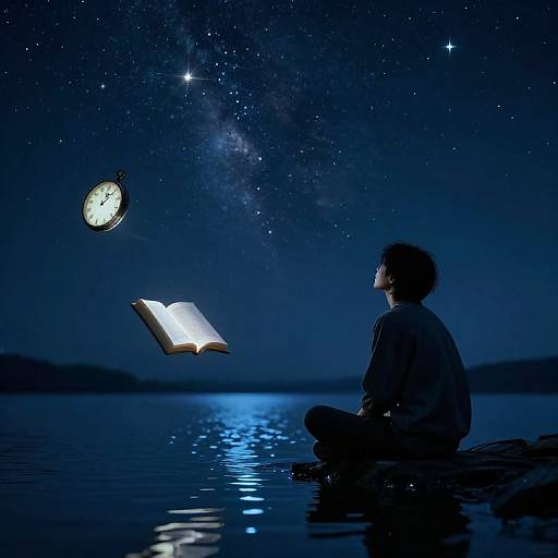 Silhouetted person sitting on water, gazing at floating book and clock under starry night sky with Milky Way. Blue hues dominate. Phot