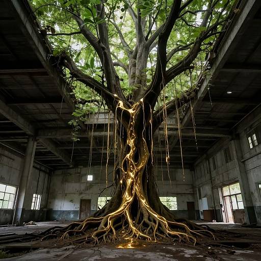 Photograph of a massive tree with glowing, vine-like roots in a dark, abandoned industrial building with high ceilings and large windows.