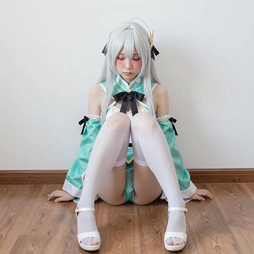 Shy Cosplayer in White and Green Outfit