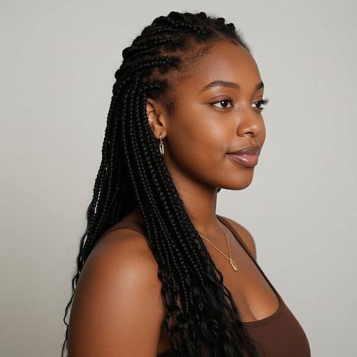 Photograph of a confident Black woman with long braided hair, wearing a brown tank top, gold necklace, and hoop earrings, against a plain white