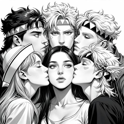 Monochrome Group of Boys and Girls Kissing