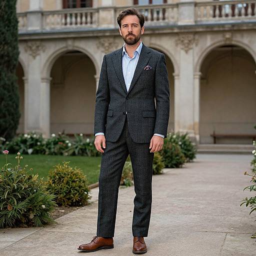 Photograph of a bearded man in a dark checkered suit, white shirt, brown shoes, standing in a historic courtyard with arched columns and