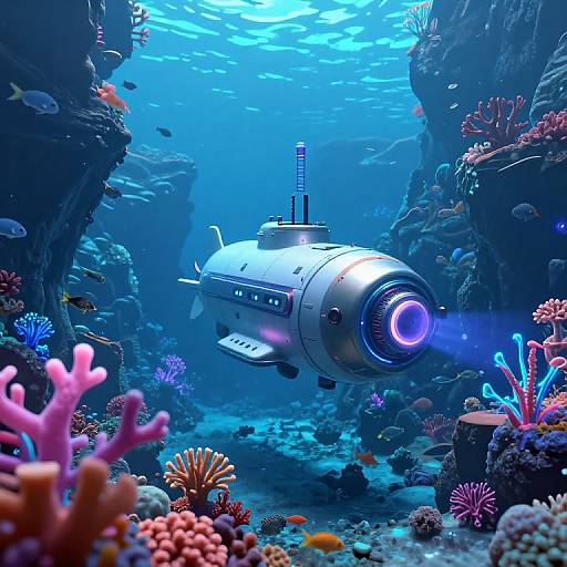 Cyberpunk Submarine in Bioluminescent Coral