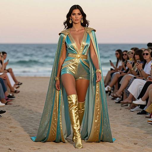 Photograph of a confident, dark-haired woman in a metallic blue and gold, deep V-neck outfit with cape and thigh-high boots, walking a beach