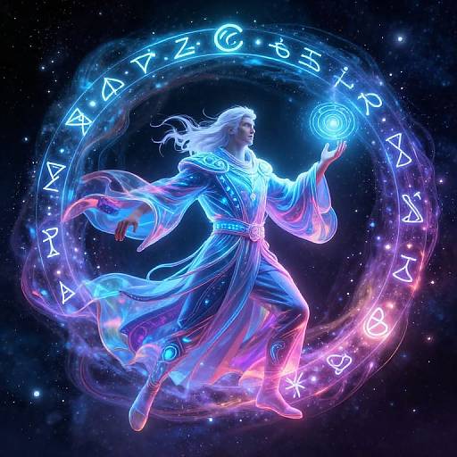 Digital art of a glowing, ethereal wizard with flowing white hair, wearing a translucent, blue-purple robe, casting a magical spell in a cosmic,