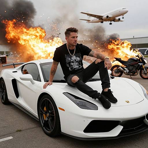 Tattooed Man on Sports Car Amid Explosion