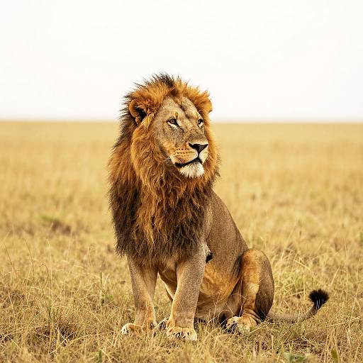 Photograph of a majestic male lion with a dark mane, sitting in a golden grassy savanna, looking alertly to the side.