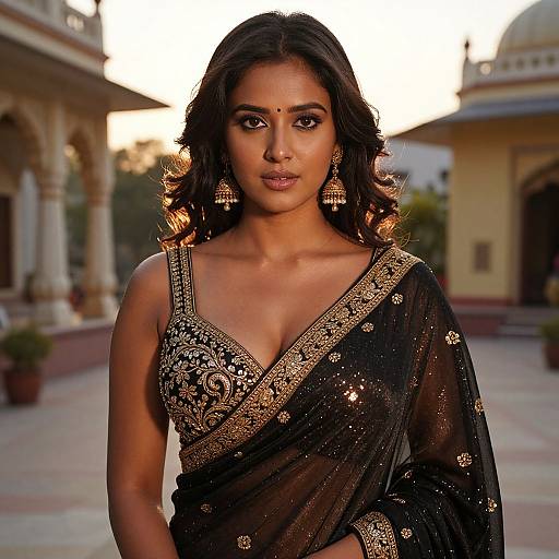 Photograph of a beautiful Indian woman with dark wavy hair, wearing an elegant black sari with gold embroidery, standing in a sunlit, orn