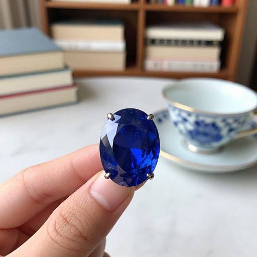 Photograph of a hand holding a large, oval, deep blue gemstone, with a blue and white patterned teacup and books in the