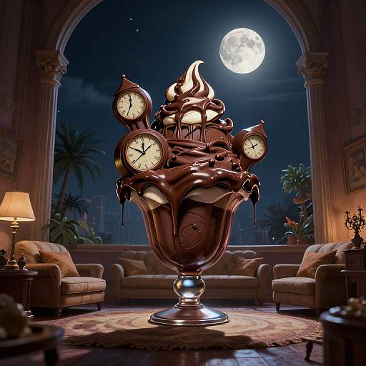 Photorealistic CGI: Moonlit room with arched window, palm trees, full moon, ornate chocolate clock sundae centerpiece, two armch