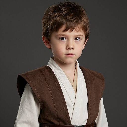 Photograph of a young boy with brown hair, wearing a white martial arts gi with a brown vest, against a dark blue background.