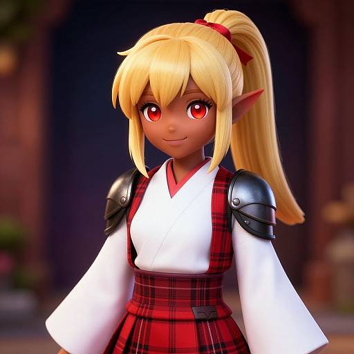 Digital anime-style drawing of a cute, dark-skinned elf girl with blonde hair, red eyes, wearing a white kimono, red plaid skirt