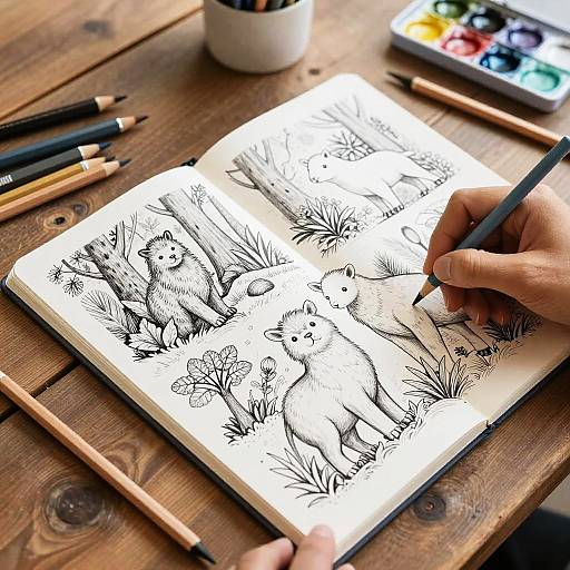 Photograph of an open sketchbook on a wooden table, showing detailed black ink drawings of two bears in a grassy field. A hand holds a