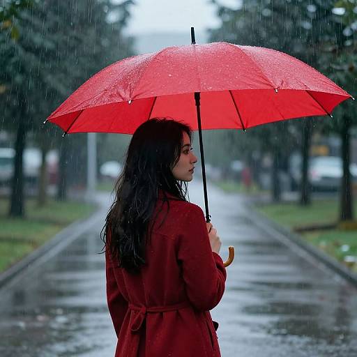 Girl with Red Umbrella in Rain