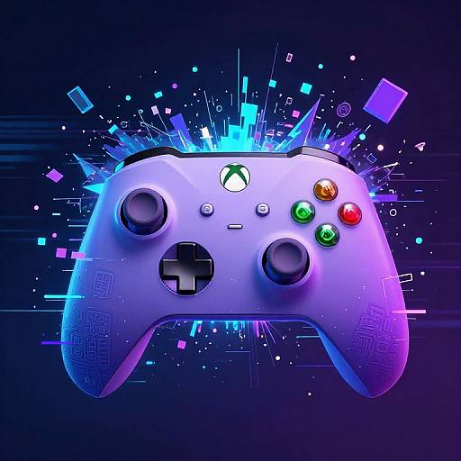Digital illustration of a glowing, white Xbox controller with colorful buttons, surrounded by vibrant blue and purple digital light effects.