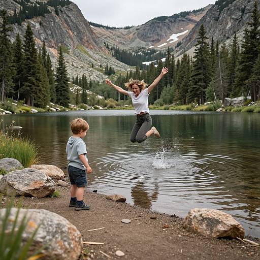 Photograph of a woman with curly hair, white shirt, and gray pants jumping joyfully into a mountain lake, splashing water, with a young
