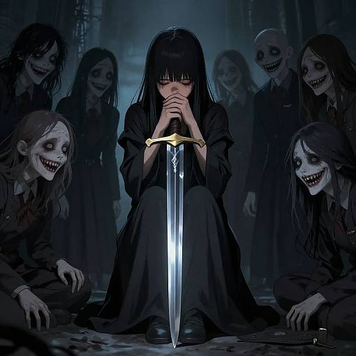 Digital artwork: Centered dark-haired girl in black dress, holding a glowing sword, surrounded by smiling, pale-skinned, zombie-like figures in dark