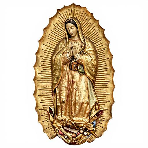 Gilded religious icon of a serene Mary with hands in prayer, surrounded by radiant rays, wearing a golden robe, standing on a decorative base. Digital