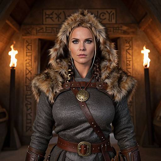 Photograph of a strong, blonde woman with piercing blue eyes, wearing a fur-trimmed, dark grey Viking-inspired coat, standing in a dim