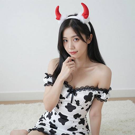 Asian Woman in Cow-Print Dress