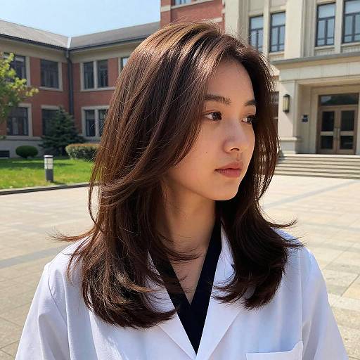 Photograph of an Asian woman with shoulder-length brown hair, wearing a white lab coat, standing in front of a red-brick building with large windows