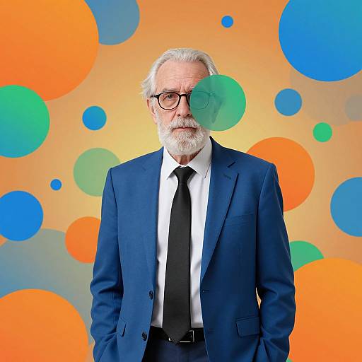 Photograph of an older white man with white hair and beard, wearing a navy suit, white shirt, black tie, and glasses, standing against a