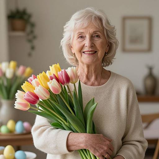 Photograph of an elderly woman with short white hair, smiling, wearing a cream sweater, holding a bouquet of yellow and pink tulips. Background includes