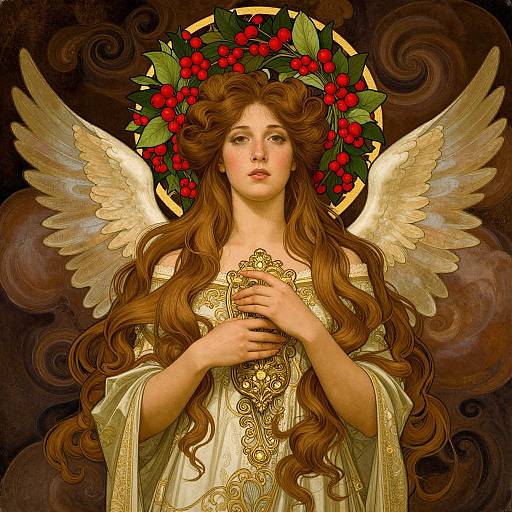 Digital painting of a serene angelic woman with long, wavy brown hair, golden wings, and a wreath of red berries and green leaves,