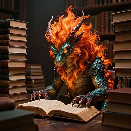 Digital art of a blue-scaled dragon with fiery orange mane, reading an open book amidst tall stacks of books in a dimly lit library.