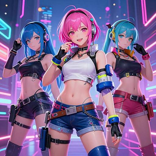 Digital anime artwork of three cyberpunk girls with neon lights, pink, blue, and teal hair, wearing crop tops, shorts, and headphones.