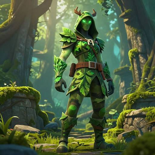 Digital art of a green-skinned, hooded forest warrior with antler headgear, leaf armor, and brown belt, standing in a sunlit