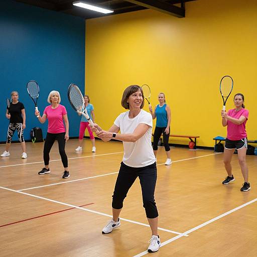 Photograph of five middle-aged women in a brightly lit indoor tennis court, wearing athletic clothing, holding rackets, practicing strokes. Yellow and blue walls