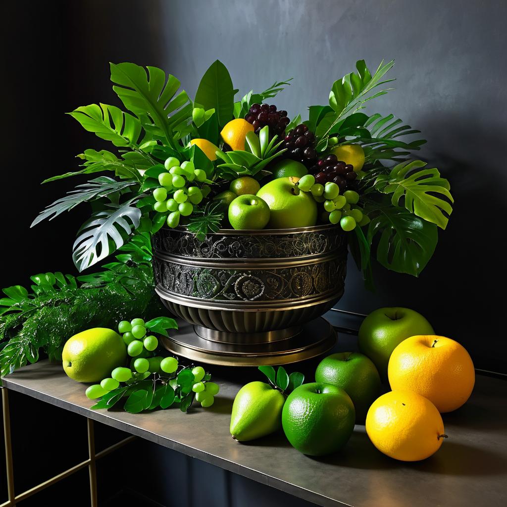 Decorative Metal Container with Greenery and Fruits