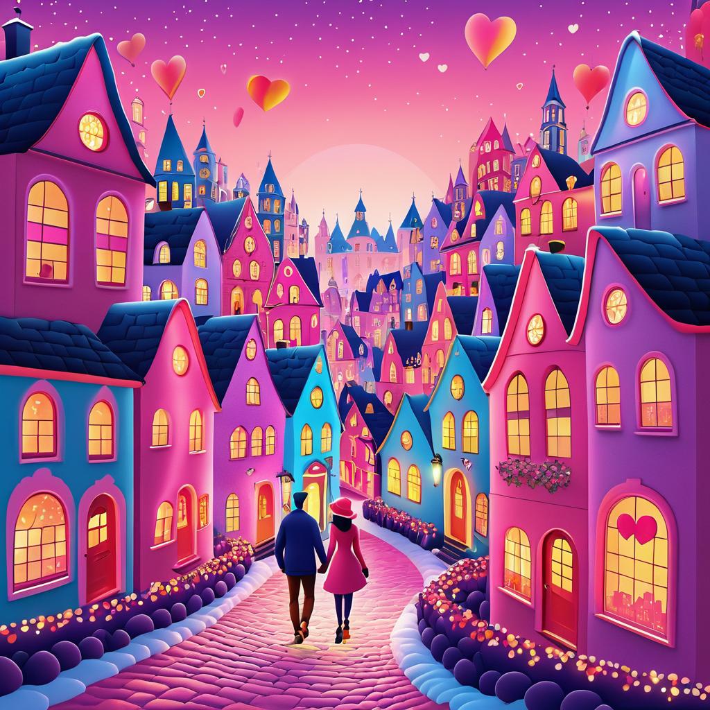 Whimsical Valentine’s Day Village Illustration