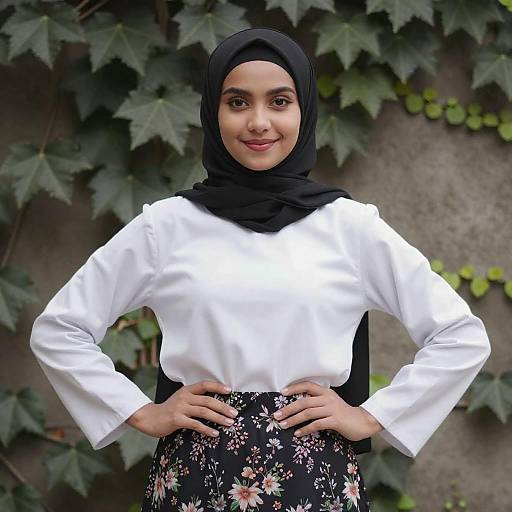 Photograph of a young South Asian woman with a black hijab, white long-sleeve blouse, and black floral skirt, smiling confidently with hands
