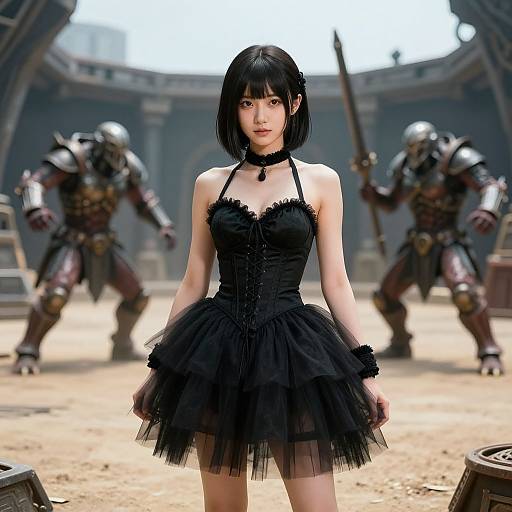 CGI image of an Asian woman with a black bob haircut, wearing a gothic black dress, standing in a sand-covered arena with two armored warriors