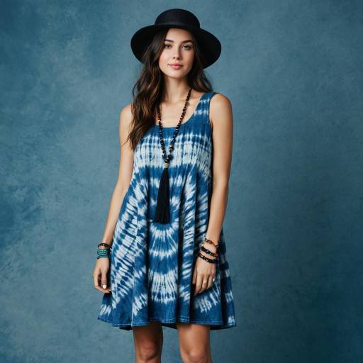 Boho woman in blue tie-dye dress and black hat