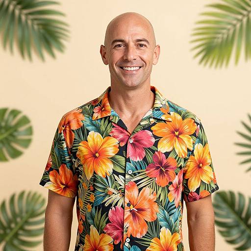 Smiling Bald Man in Tropical Shirt