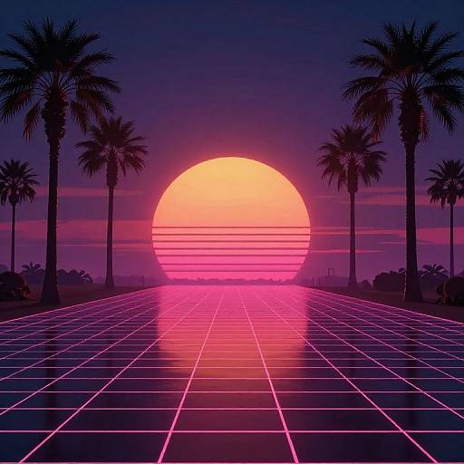 Futuristic 80s Synthwave Sunset Landscape