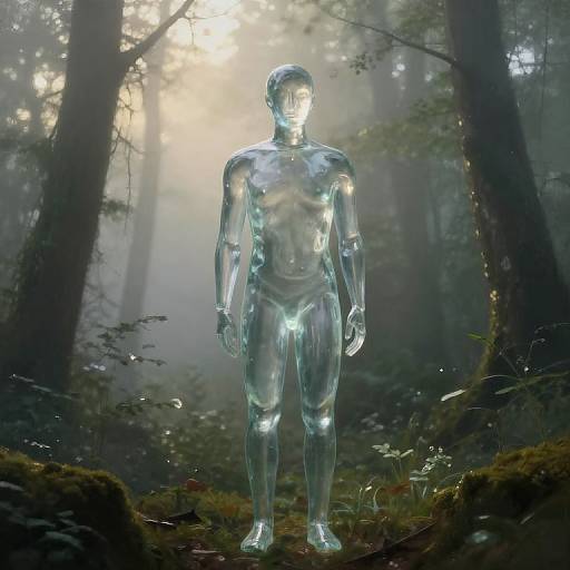 Photorealistic CGI of a transparent, glass-like humanoid figure standing in a misty forest, sunlight filtering through trees, moss-covered ground.