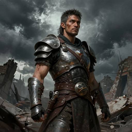 Photorealistic digital art of a muscular, grim-faced man with spiked black hair, wearing shiny silver armor and dark leather, standing in a ruined,