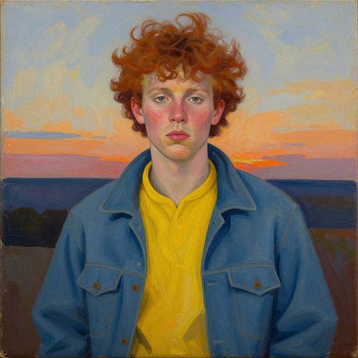 Oil painting of a young, fair-skinned man with curly red hair, wearing a blue denim jacket over a yellow shirt, against a colorful sunset sky