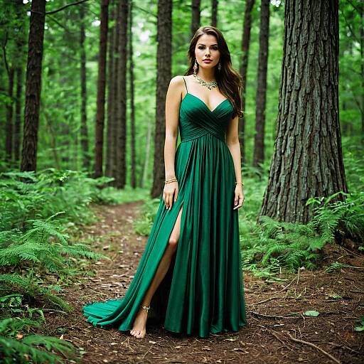 Woman in Forest Green Prom Dress in Forest