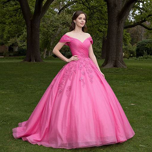 Photograph of a woman in a vibrant pink, off-the-shoulder, full-skirted ball gown with floral embroidery, standing on green grass